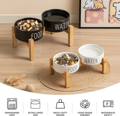 Elevated Ceramic Dog Bowls Set - Food & Water Lettering Raised Dog Bowl with Non-Slip Bamboo Stand for Cats and Small Dogs, Weighted Dogs Dishes Pet Bowls (5.1 inch, 2 * 16oz, Black)