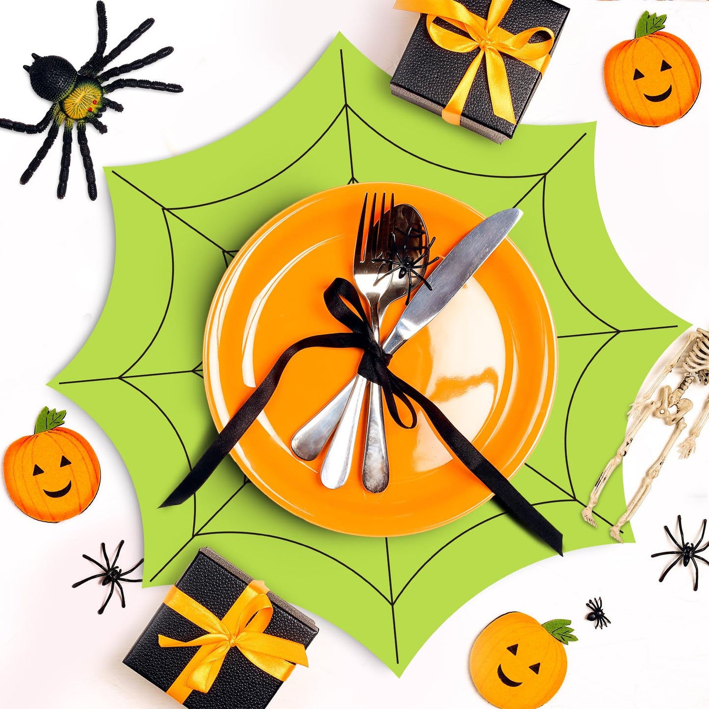 Whaline 48 Pack Halloween Paper Place Mats 13 Inch Spiderweb Disposable Placemats Green Orange Purple Spider Web Paper Table Mats for Kitchen Dinner Table Setting