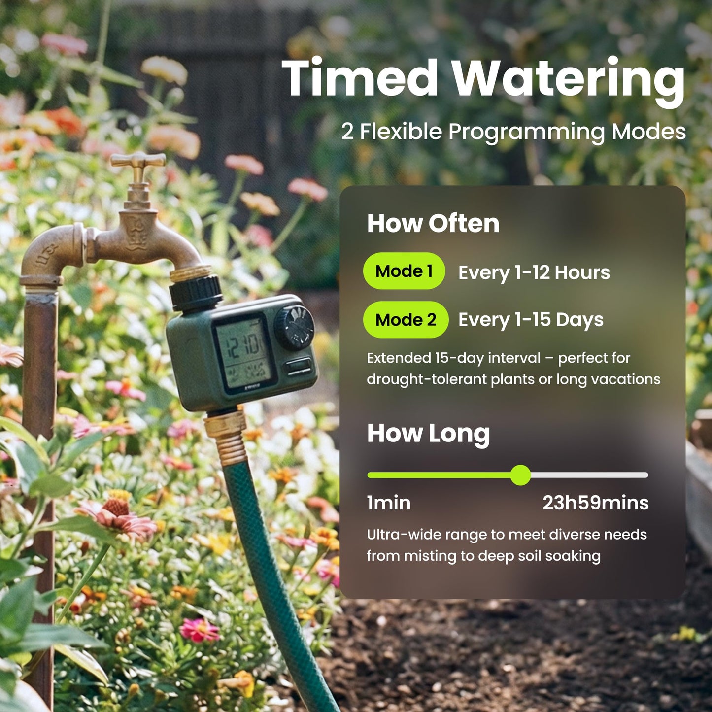 Soildrops Sprinkler Timer for Garden Hose, Programmable 1 or 2 Outlet Controller with Self-Cleaning Valve, 15-Day Frequency, Large Dial, Rain Delay & Auto-Off, IPX5