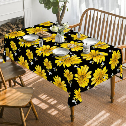 Horaldaily Summer Tablecloth 60×84 Inch Rectangular, Yellow Sunflower Bumble Bee Black Fall Washable Table Cover for Party Picnic Dinner Decor