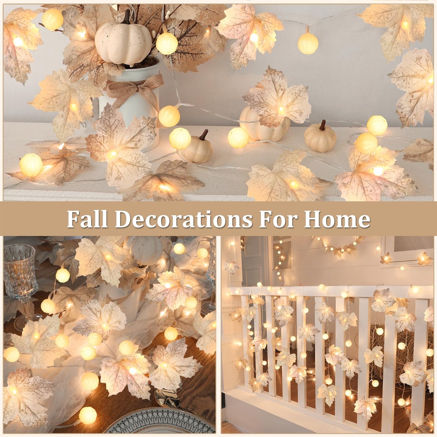 3 Pack Fall Decor Fall Garland with Pumpkin Lights&Enlarged Maples Leaves String Lights Pumpkin Decor, 60LED Waterproof Battery Operated Halloween Thanksgiving Fall Decorations for Home Outdoor Indoor