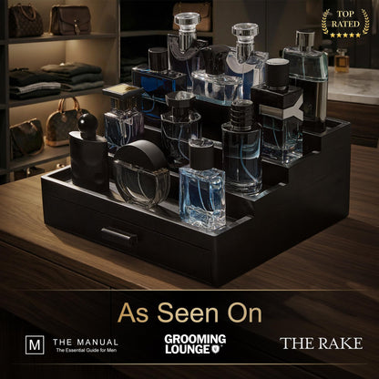 Swathmore Supply Co. Cologne Organizer for Men – 4 Tier Wooden Cologne Stand with Premium Velvet Drawer, Cologne Shelf, Perfume Fragrance Organizer & Display Holder for Dresser, Father's Day, Black