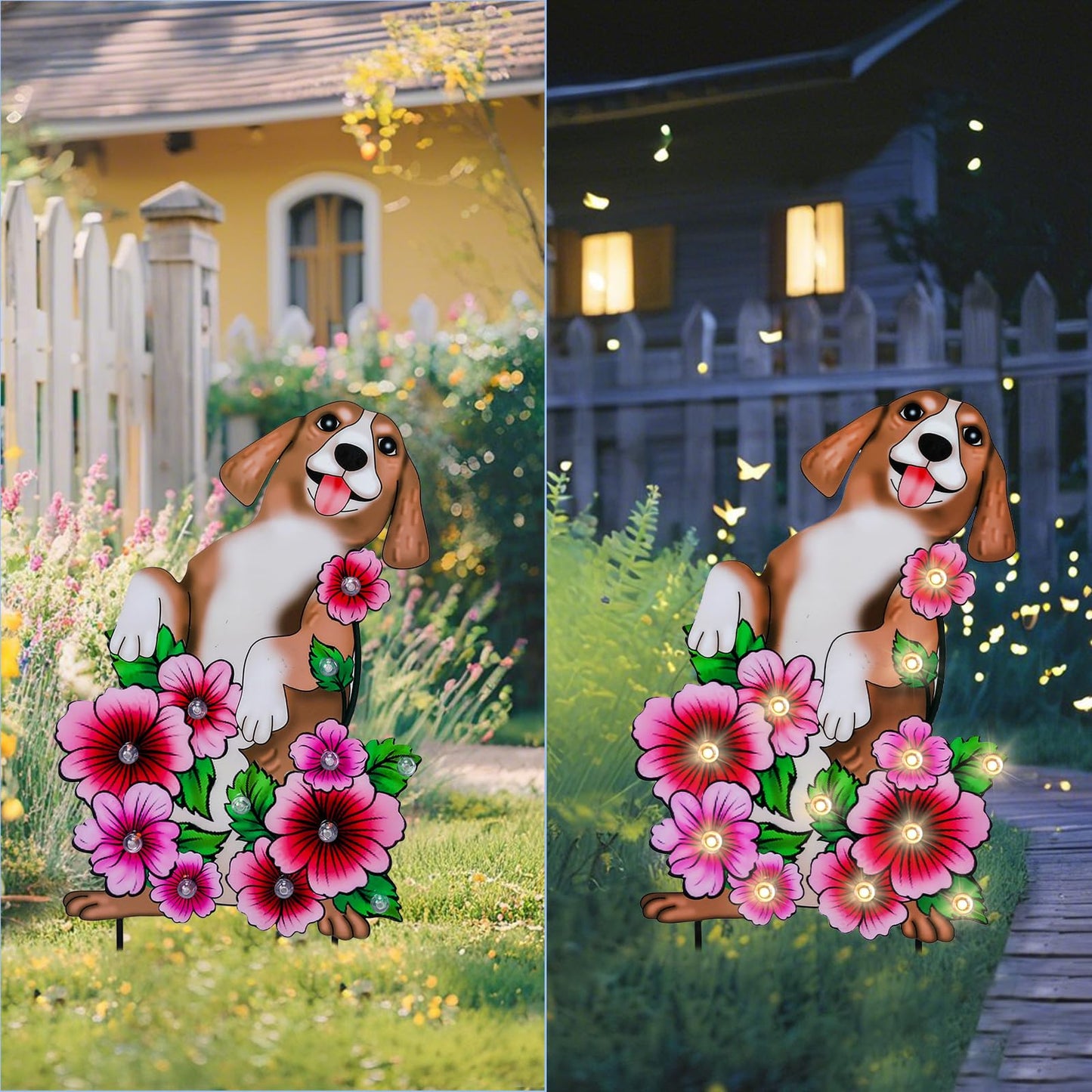 WONDER GARDEN Decorative Garden Stakes - Lighted Dog and Flower Yard Sign Stakes Spring Signs for Outdoor, Porch, Yard,Flower Bed Decor (Battery Operated)