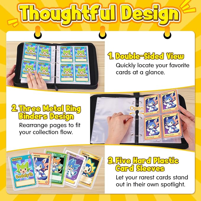 4 Pocket Card Binder with Zipper, Holds 400 Cards, PU Trading Card Album with 5 Hard Plastic Sleeves,Double-Sided Design. Great for Game Cards and sport card