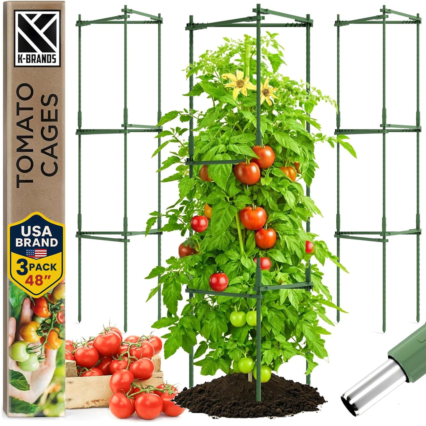Tomato Cage - Trellis Stakes and Plant Support Structures for Vegetables and Climbing Plants - Tall Tomato Cages for Garden, Pots, Raised Garden Bed Outdoor (3 Pack - Up to 48 Inches)