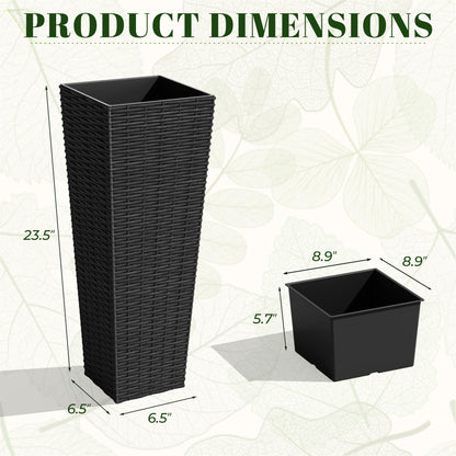 JUMMICO Set of 2 Resin Rattan Tall Planters for Outdoor Plants, Large Tapered Planters with Drainage Holes&Inner Trays, Flower Pots for Garden, Patio, Porch, Backyard (Black, 24'')
