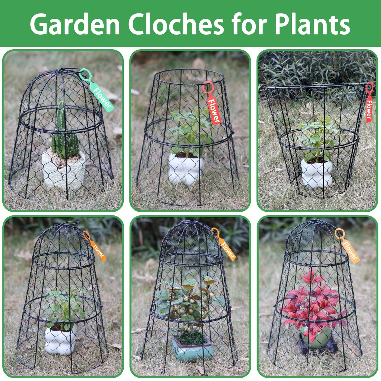 6 PCS 17.7"H X11.42"D Chicken Wire Plant Covers Protectors, Rustproof Heavy Duty Metal Plant Cage with Stakes & Labels, Modular Garden Cloches Design for Seedling Flower Vegetable Protect from Animals