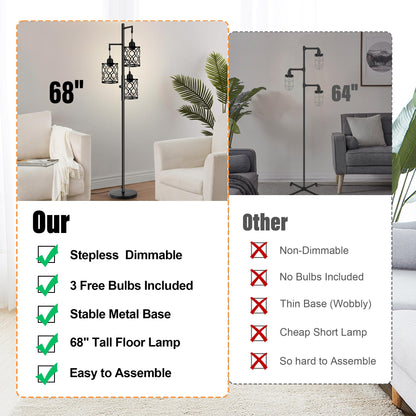 ROTTOGOON Dimmable Farmhouse Floor Lamp, Industrial Floor Lamp for Living Room with 3 X 6W LED Bulbs, 3 Light Rustic Standing Tall Lamp for Bedroom, Office, 68"