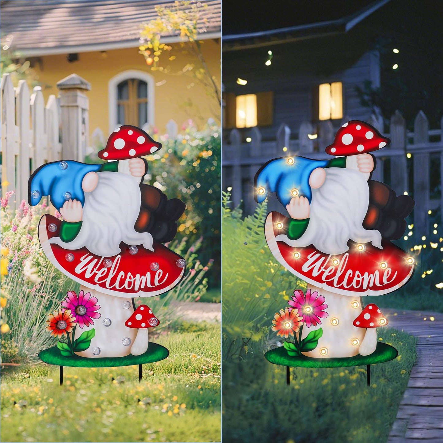 WONDER GARDEN Decorative Garden Stakes - Lighted Mushroom and Gnome Yard Sign Stakes with Flower, Spring Signs for Outdoor, Porch, Yard,Flower Bed Decor