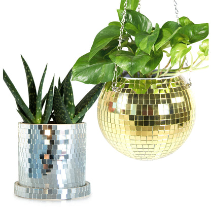SCANDINORDICA Disco Ball Planter 8" Gold with Chain and Macrame Hanger and Disco Ball Planter Pot 4.3" with Saucer (0.3x0.3 mirror tiles)