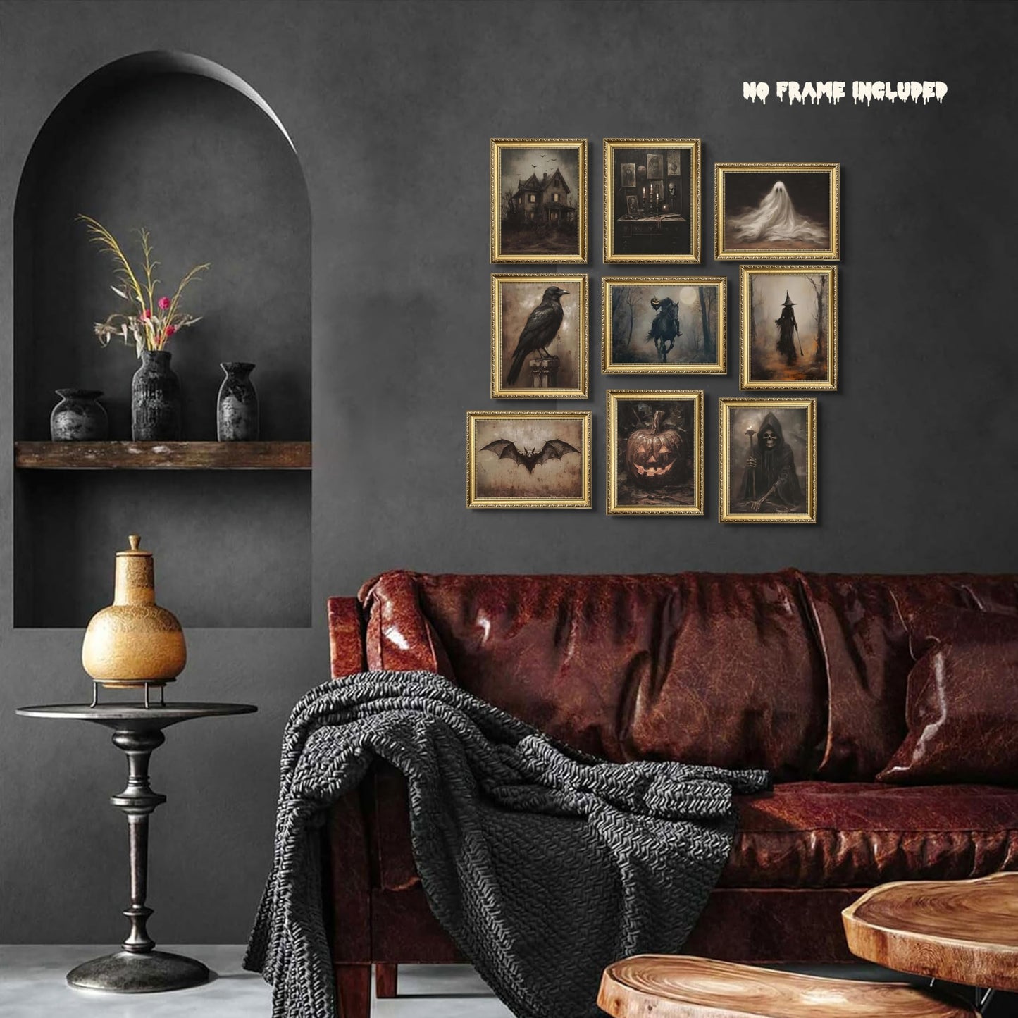 Halloween Posters Wall Art Set of 9, Dark Academia Headless Horseman Wall Decor, Gothic Moody Ghost Paintings, Spooky Witch Raven Canvas Prints Pictures for Living Room Bedroom 8x10 Inch Unframed