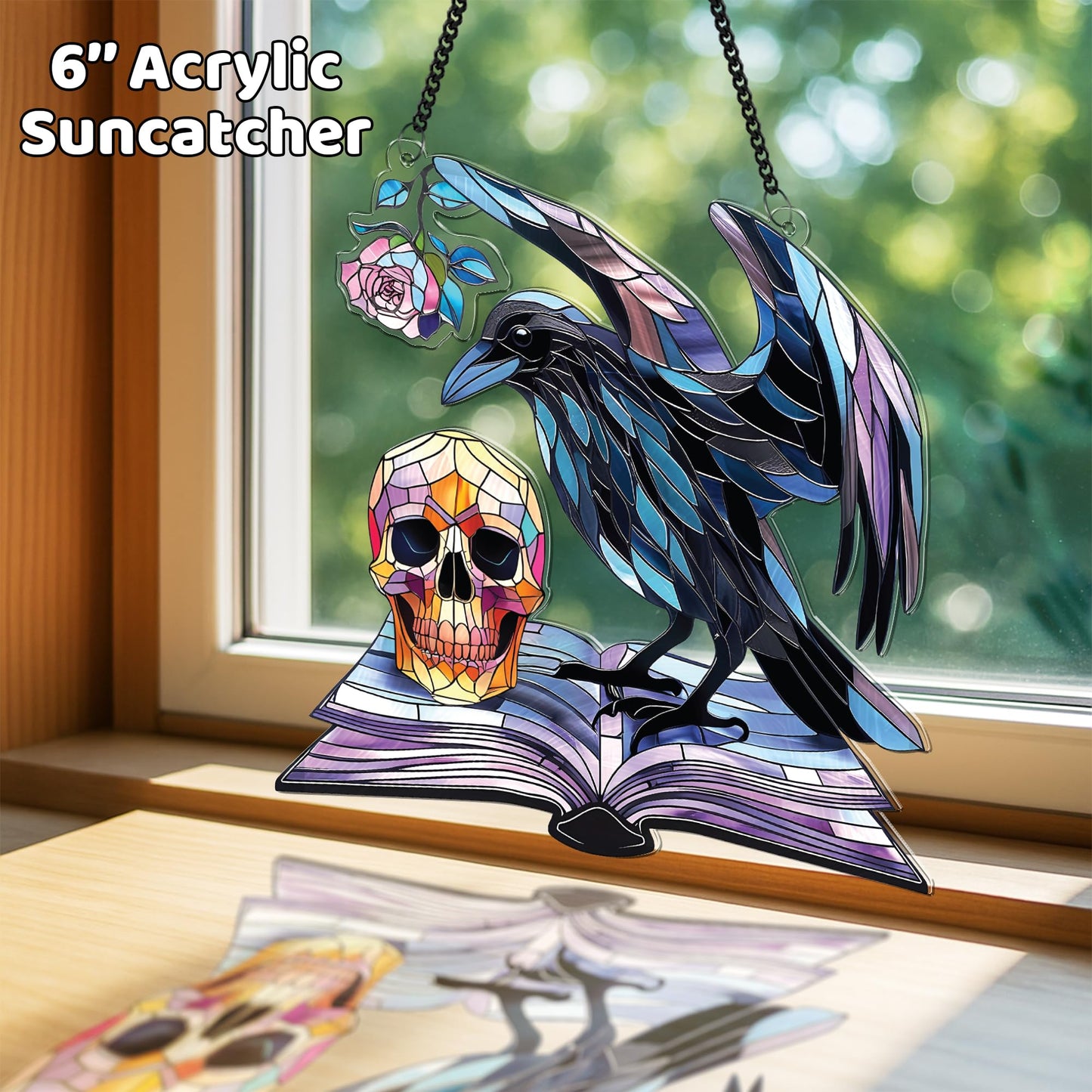 2 Halloween Decorations Bat Raven Acrylic Suncatchers, 6" Window Hanging Bat Gothic Decor, Spooky Raven Halloween Ornament Gifts, Idea Gifts Holiday Keepsake, Scary Home Indoor Outdoor Display SS344