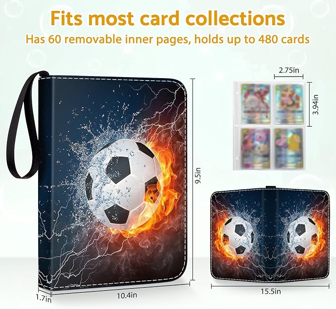 Soccer Card Binder Holder 480 Pockets with 60 Removable Sleeves, Portable Sports Trading Cards Binder Album Collector Organizer Protectors with Zipper,Waterproof