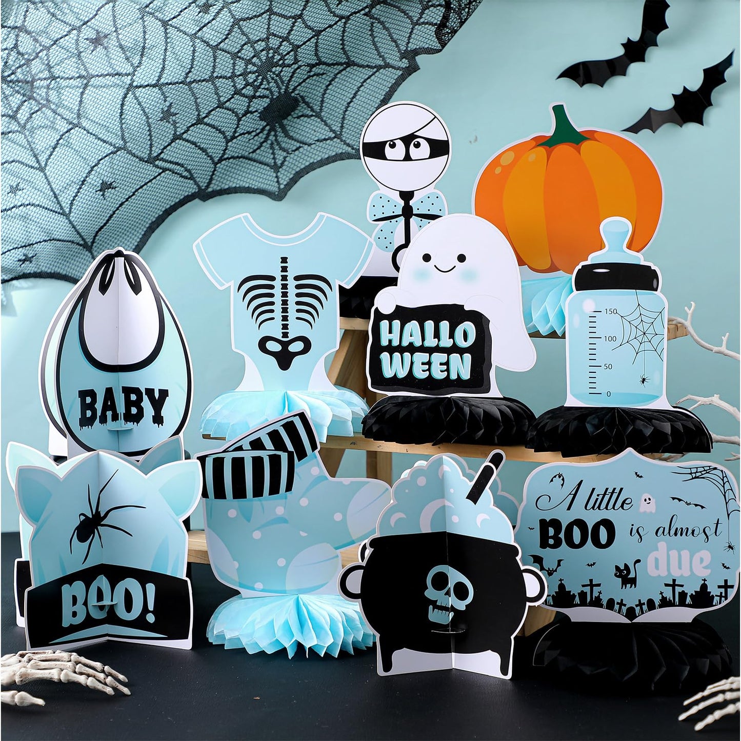 Moinchore 12 Pcs Blue Halloween Baby Shower Decorations a Little Boo Is Almost Due Honeycomb Centerpieces Bat Ghost Skull Halloween Baby Shower Table Decoration Table Topper for Party Favors