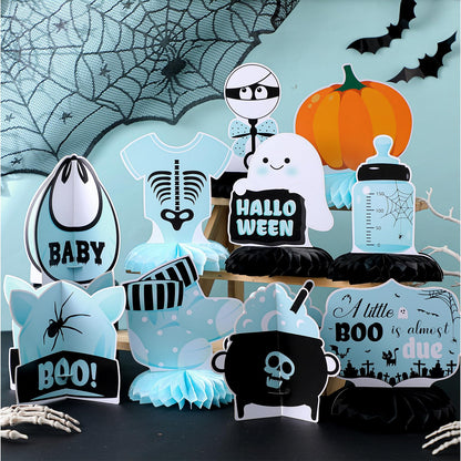 Moinchore 12 Pcs Blue Halloween Baby Shower Decorations a Little Boo Is Almost Due Honeycomb Centerpieces Bat Ghost Skull Halloween Baby Shower Table Decoration Table Topper for Party Favors