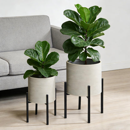 ARNIS Modern Plant Pots, Set of 2 Large Planters with Stand, Decorative Planters, Metal Pots with Drainage Holes for Living Room, Office, Garden or Balcony, 8.25 &10.5 Inch, Grey