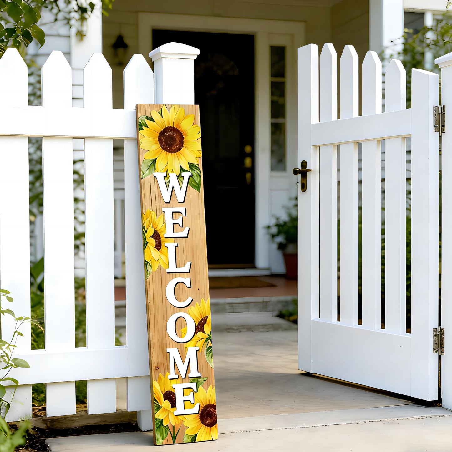 Summer Welcome wooden porch sign Vertical hanging decorations Welcome sign front door standing Decorative sign 47x7.8Inch Sunflower pattern for Outside Yard Decor
