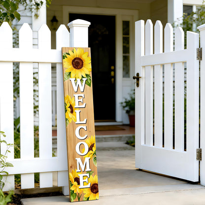 Summer Welcome wooden porch sign Vertical hanging decorations Welcome sign front door standing Decorative sign 47x7.8Inch Sunflower pattern for Outside Yard Decor