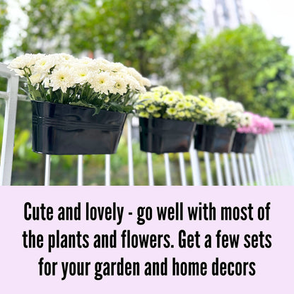 LaLaGreen Rail Planter Outdoor Plants (6 Pack, 9.8 Inch) Small and Cute Black Metal Iron Hanging Flower Pot Deck Railing Fence Buckets Countryside Style Window Box Plant Holder Hooks Porch Decor