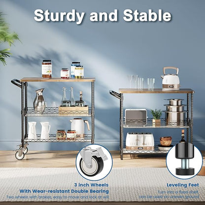 Leteuke Rolling Kitchen Carts with Wheels, 34" L x 17.5" W, 3-Tier Heavy Duty Utility Cart with Wood Tabletop, NSF Commercial Metal Serving Cart with Handle and Shelf Liner for Kitchen, Black