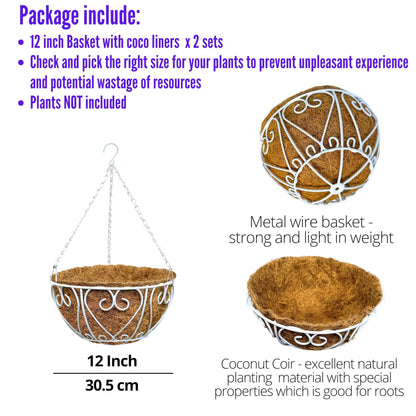 LaLaGreen Hanging Baskets for Plants (2 Pack, 12 Inch) Hanging Flower Pots with Coco Liner, White Metal Wire Round Basket Plant Holder with Hanger Hook Chain Outdoor Deck Patio Balcony Garden Decor