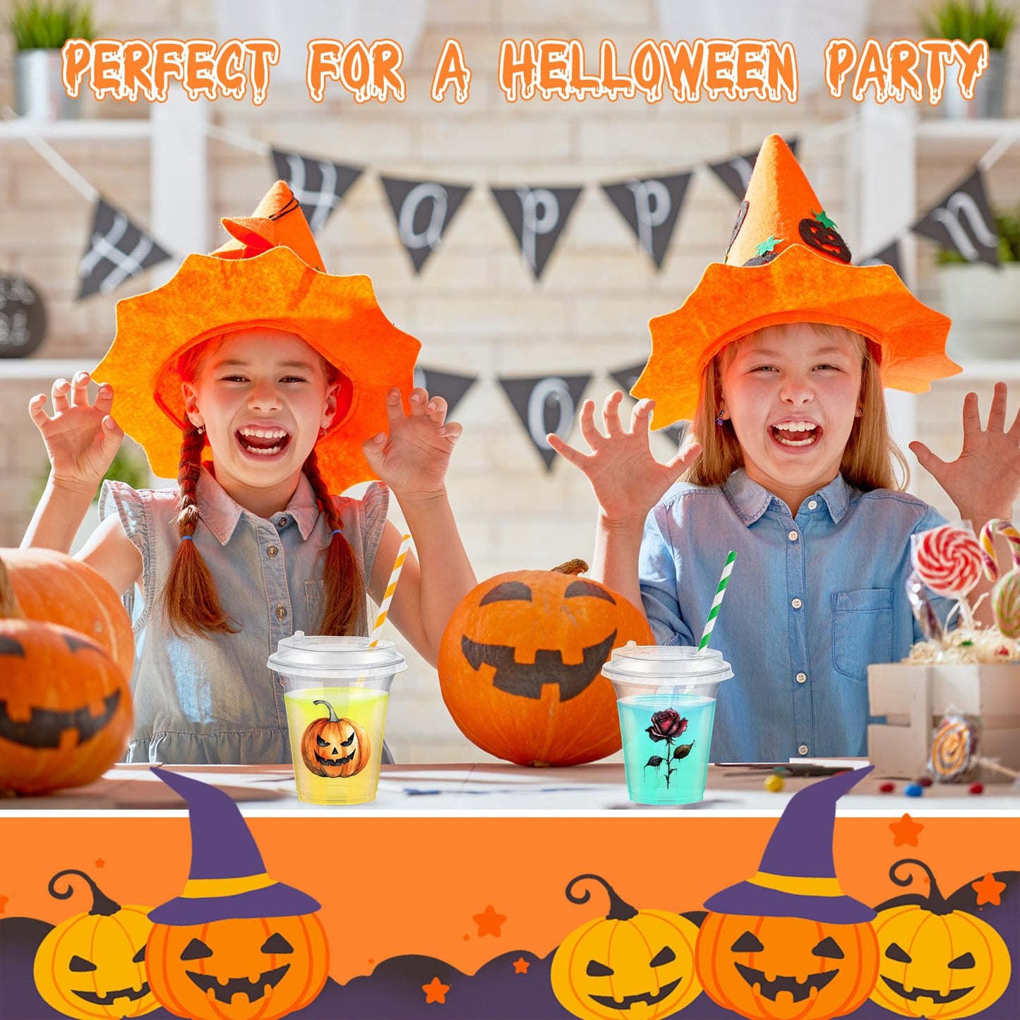 FoldTier 60 Set Halloween Plastic Cups with Lids14 oz Disposable Clear Cups and Paper Straws for Halloween Decorations Party Favor Supplies