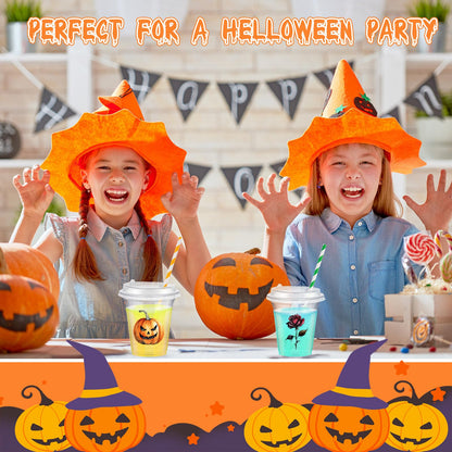 FoldTier 60 Set Halloween Plastic Cups with Lids14 oz Disposable Clear Cups and Paper Straws for Halloween Decorations Party Favor Supplies
