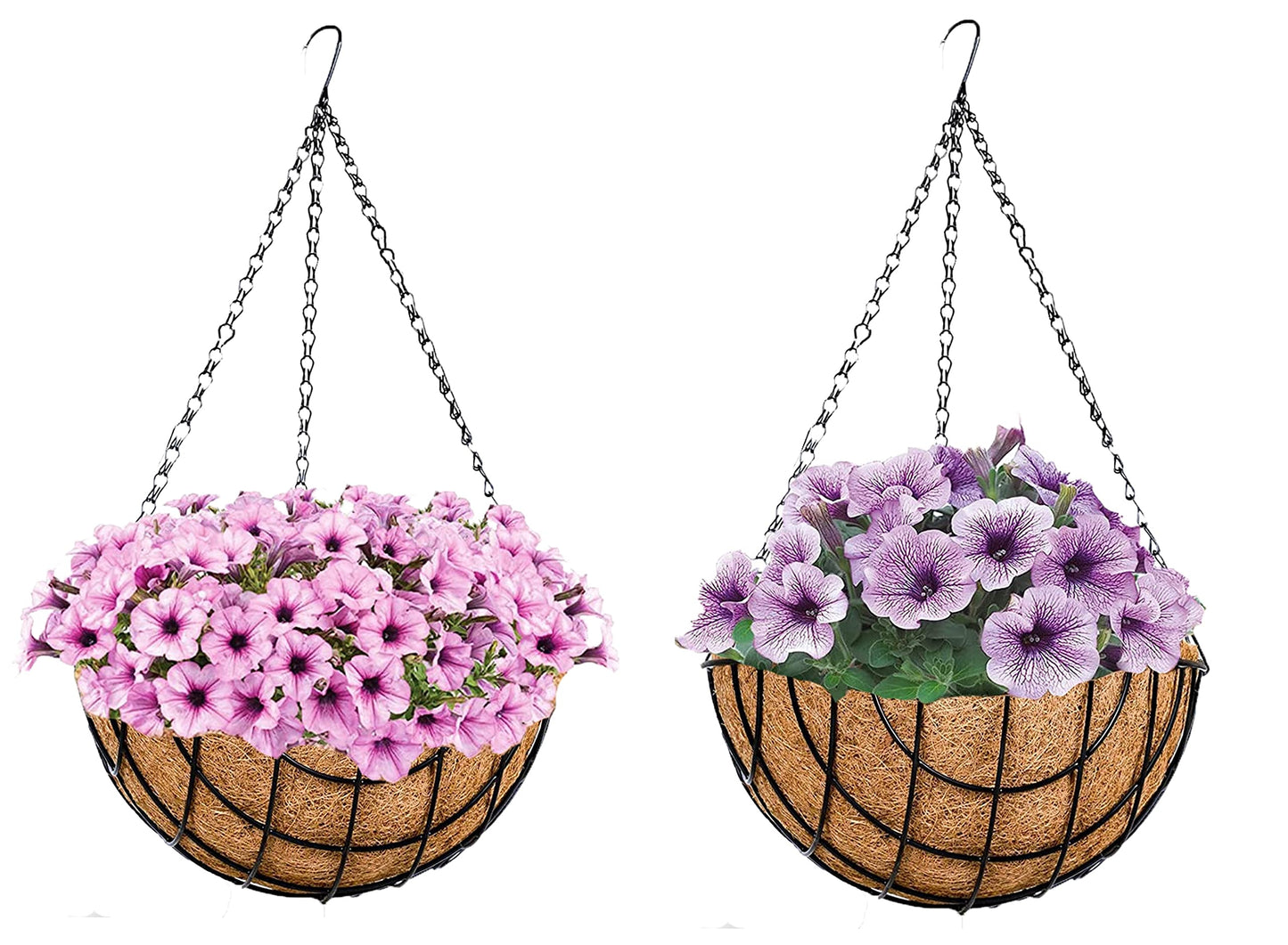 Deepthi Hanging Planter Baskets with Coco Coir Liners – Pack of 2 Metal Wire Flower Pots with Chains – Indoor Outdoor Porch Patio Garden Hanging Decor for Plants, Flowers, Herbs (12 inch)