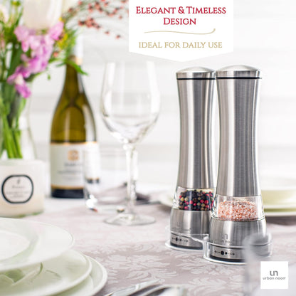 Salt and Pepper Grinder Set - Large Capacity Stainless Steel Pepper Grinder and Salt Grinder with Tray in Luxurious Gift-Box - Manual Mills with Ceramic Grinders and Adjustable Coarseness (Set of 2)
