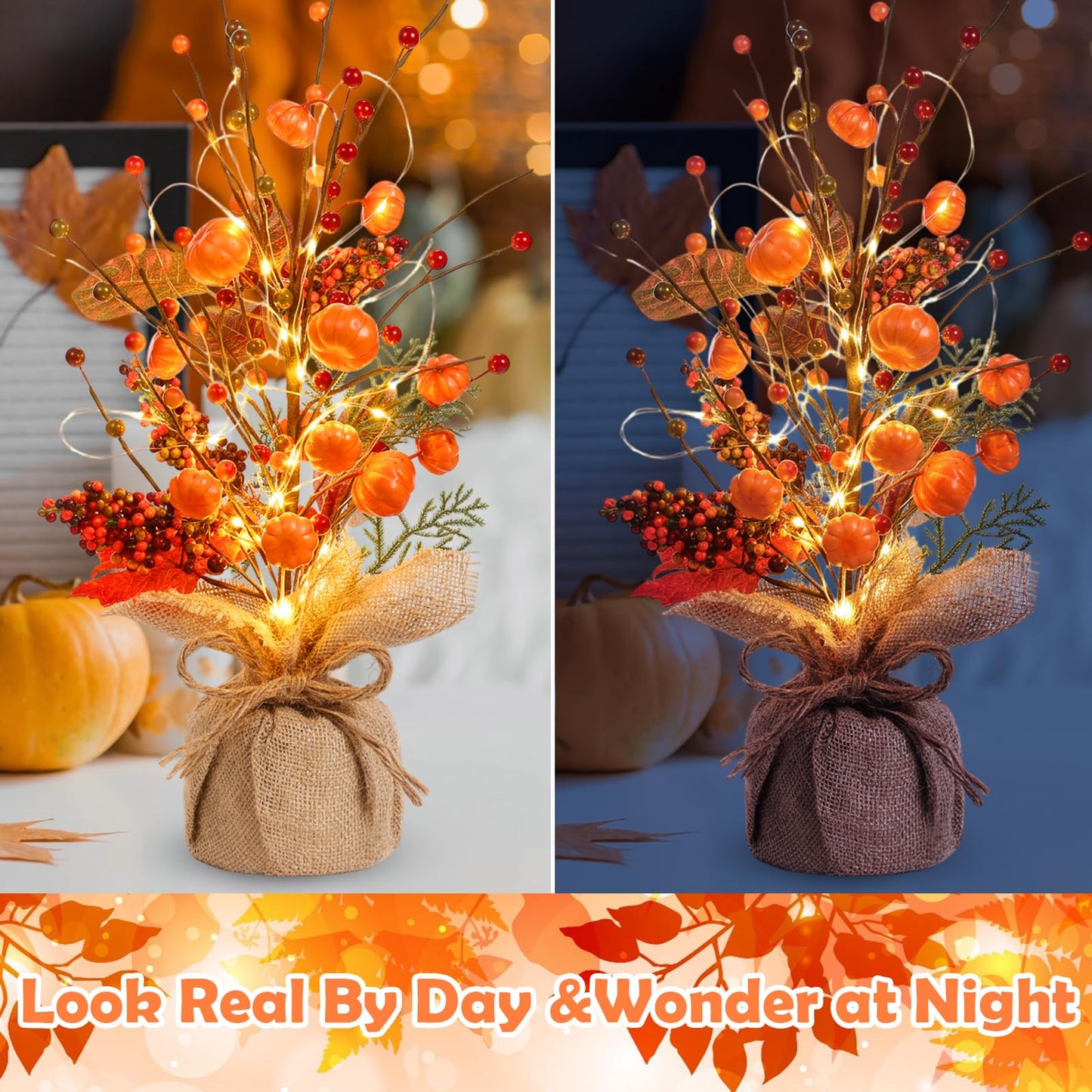 Pinkunn Fall Centerpieces for Tables Decorations 16 Inch Lighted LED Autumn Tree Top with Artificial Pumpkins Berries Leaf Burlap Base Thanksgiving Fall Decor for Home Harvest Office Desk Indoor