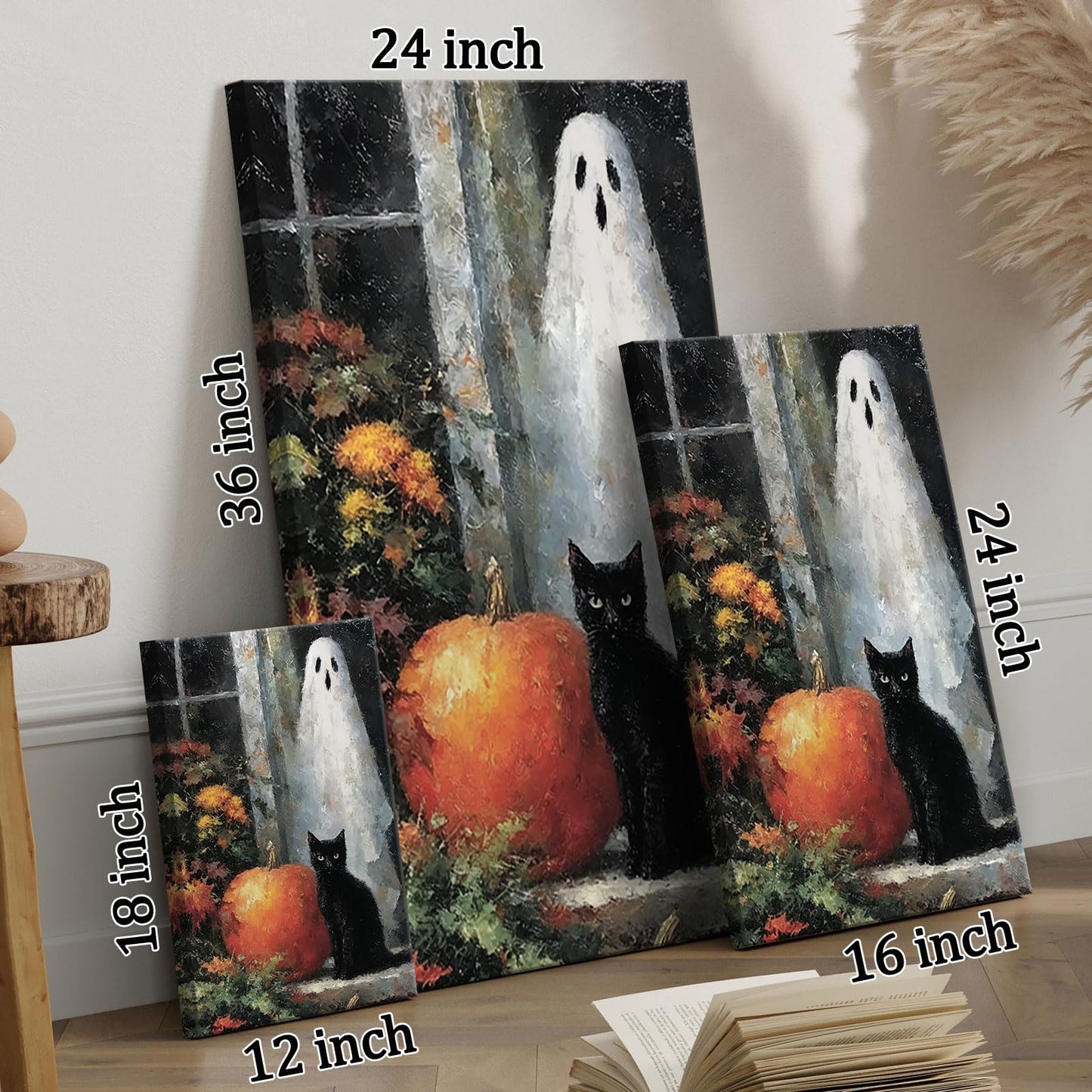 Horror Ghost Canvas Wall Art,Halloween Black Cat Poster Print,Dark Academia Wall Decor For Home Bedroom Living Room 12X18 in Unframed