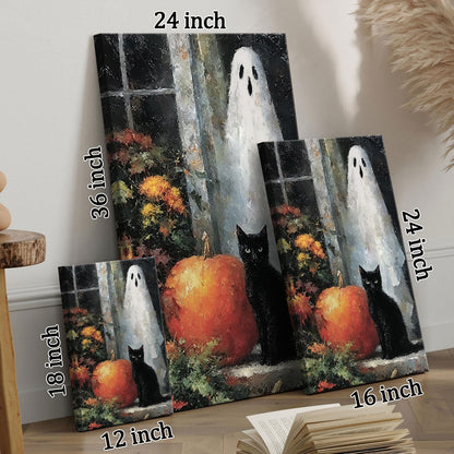 Horror Ghost Canvas Wall Art,Halloween Black Cat Poster Print,Dark Academia Wall Decor For Home Bedroom Living Room 12X18 in Unframed