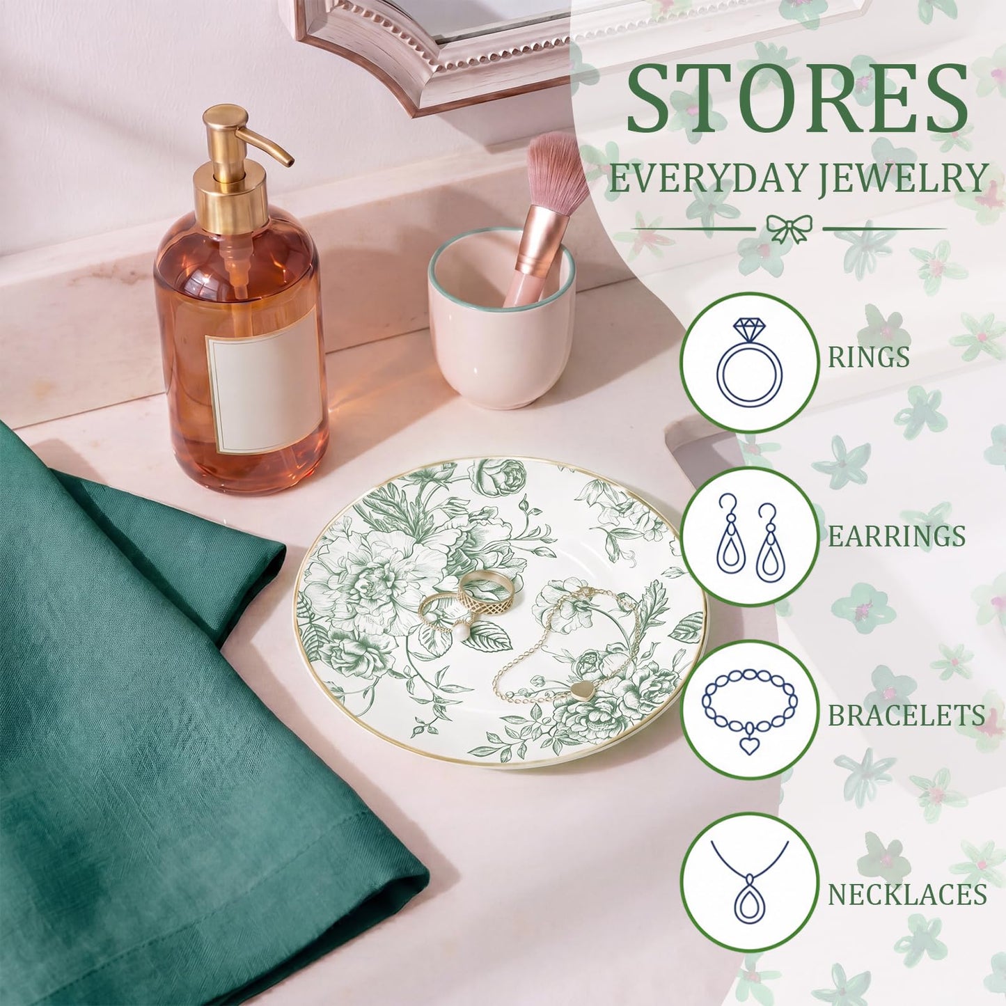 Mifoci Floral Ceramic Jewelry Tray Ring Holder Trinket Dish for Rings Earrings Necklaces Tray Gift for Women Girls(Green)