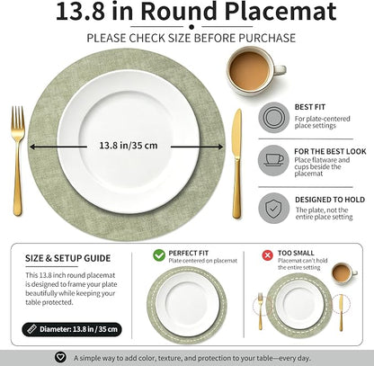Maxpearl Round Placemats Set of 6, 13.8 inch Faux Leather Heat Resistant Table Mats, Non Slip Waterproof Wipeable Place Mats for Kitchen Dining Holiday Party Table Settings, Sage Green