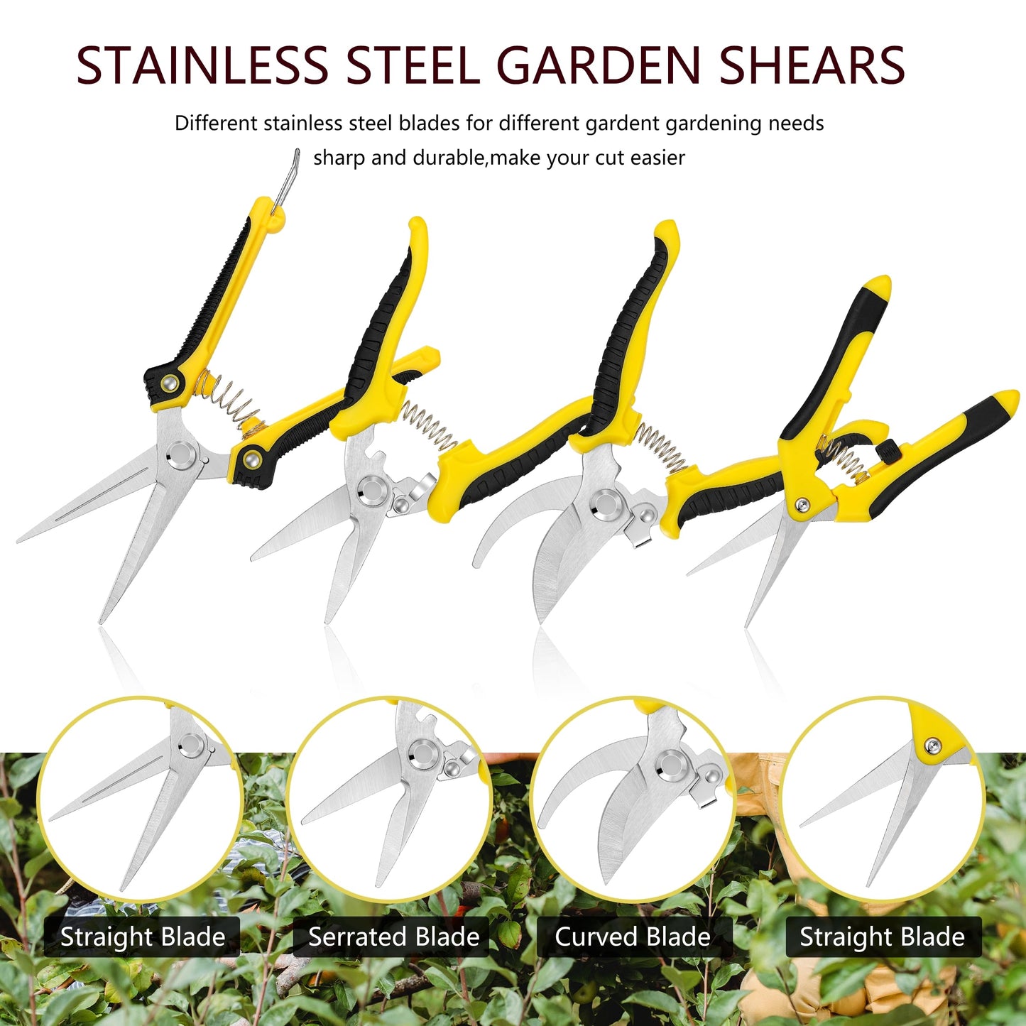 5 pack Garden Pruning Shears Stainless Steel Blades, Handheld Scissors Set with Gardening Gloves,Heavy Duty Garden Bypass Pruning Shears,Tree Trimmers Secateurs, Hand Pruner (Yellow and Black)