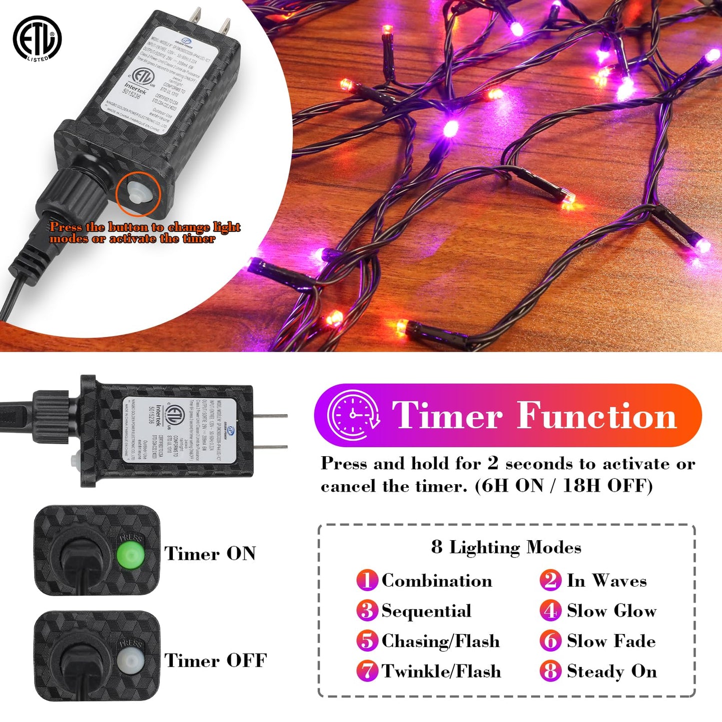 FairyGlim Halloween String Lights Plug in,33FT 100 LED String Lights with 8 Modes & Timer, Halloween Decorations for Party Carnival Supplies, Outdoor Indoor Yard Garden Decor, Purple & Orange