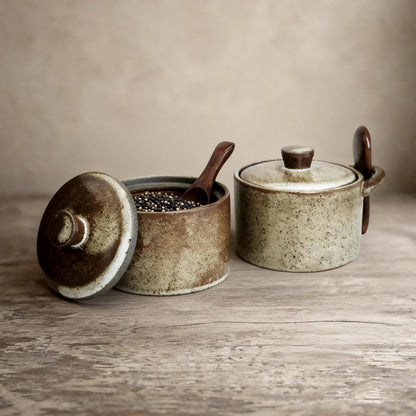 seicasaya Handcrafted Speckled Ceramic Salt Cellar with Wooden Spoon, Rustic Vintage Spice Jar, Dishwasher Safe, 8.45 fl oz (Peckled Ceramic set of 2)