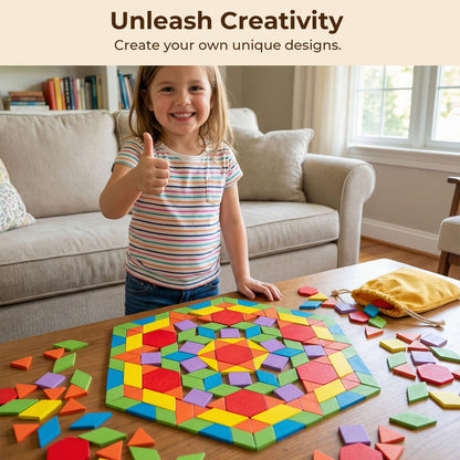 LovesTown 209 PCS Shapes Wooden Pattern Blocks for Kids, Geometric with Activity Cards and Storage Bag, Educational Tangram Puzzles,Great Learning Gift from Parents or Teachers