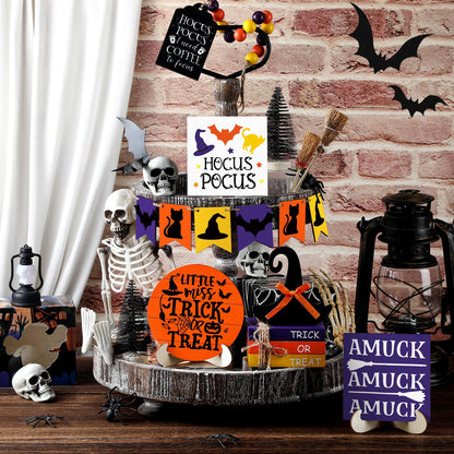 Wonderjune 19 Pcs Halloween Hocus Pocus Tiered Tray Decor Coffee to Focus Witch Table Decor with Wooden Signs Bead Garland Farmhouse Rustic Halloween Decorations for Home Table Party Supplies