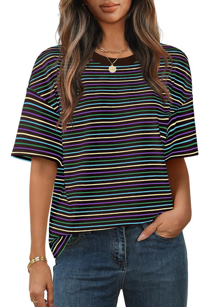 MEROKEETY Women's Summer Short Sleeve Shirt Casual Colourful Striped Crewneck Loose Tops Blouse, Black, Small