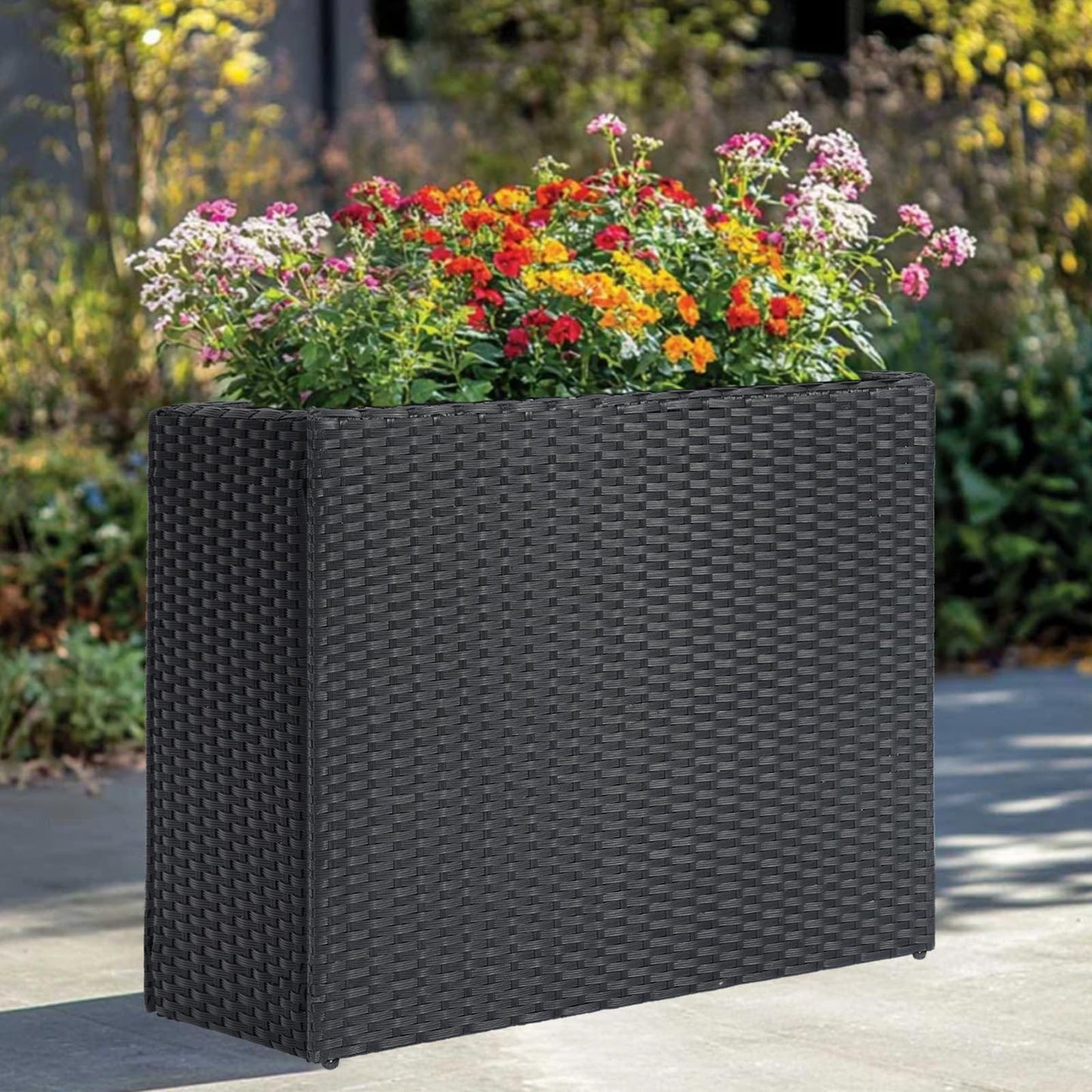 SUNNYPARK Black Rectangular Planter Box All-Weather PE Rattan Large Modern Planters with Removable Liner Indoor Outdoor Decorative Flower Pot for Patio, Balcony, Garden