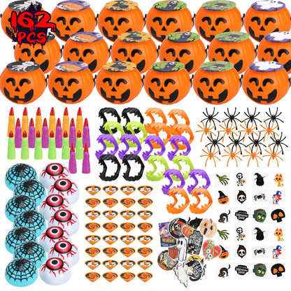 TOY Life Halloween Toys Prefilled Pumpkins Buckets Halloween Party Favors for Kids Bulk, 162Pcs Halloween Pinata Stuffers Mini Bucket Goodies Bag Classroom Prizes Trick or Treats