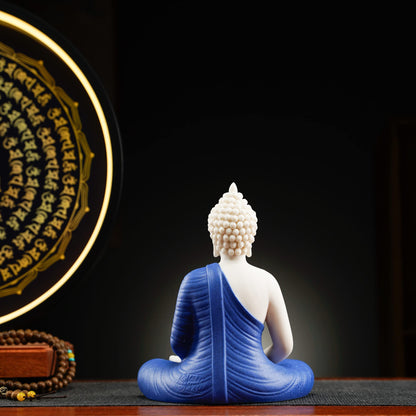 Houlu Blue Buddha Statue and Circle LED Table Lamp, Ceramic Buddha Statue for Home Décor