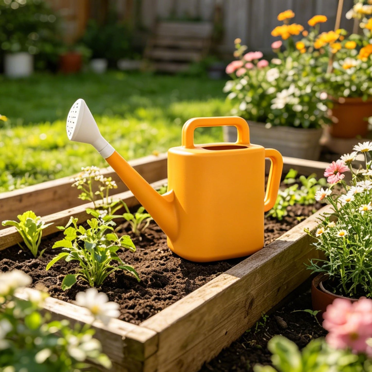 2 Gallon Watering Can for Outdoor Plants, Large Garden Watering Can with Detachable Sprinkler Head, Heavy Duty Resin Water Canner for Flowers, Indoor & Potted Plants (Daisy Yellow)