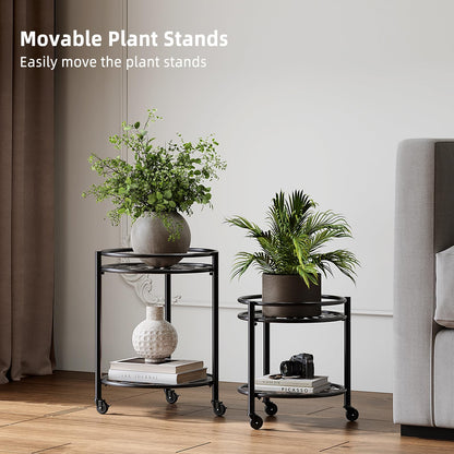 Rioneta 2 Tier Heavy Duty Rolling Plant Stand – 165 lbs Capacity Flower Pot Holder with Wheels for Indoor & Outdoor, Easy Move Cart for Balcony, Patio, Garden, 2 Pack Black