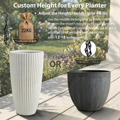 SUBENJI 2 Pack Adjustable Plant Risers for Large Tall Pots, 12-18" Planter Insert, False Bottom Pot Filler with 4 Hooks & Chains, Holds 48 lbs Rustproof Soil Saver for Indoor Outdoor Planters (Black)