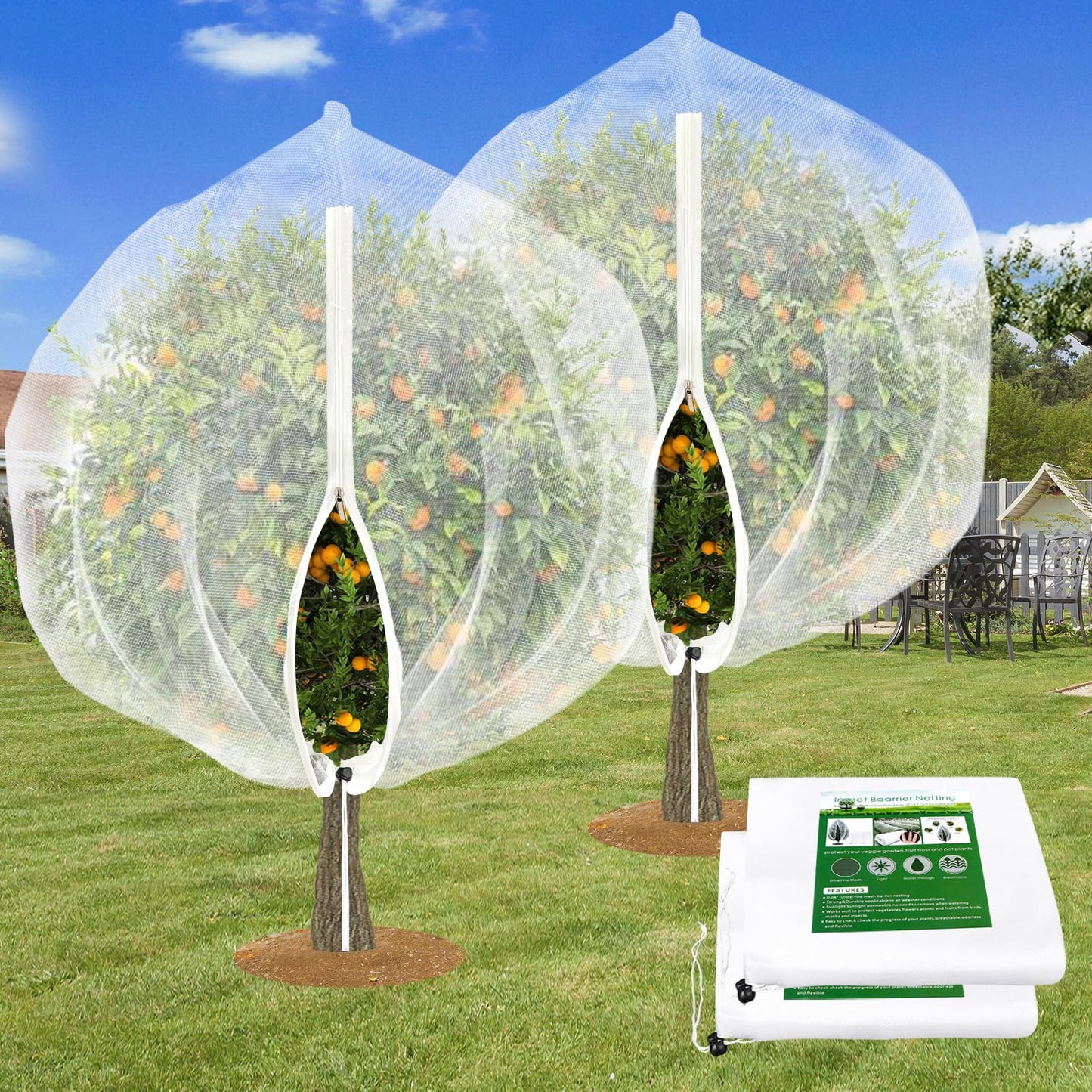 2PCS Large Fruit Tree Netting with Drawstring and Zipper, 8 * 8FT Garden Netting for Garden Protection, Insect Bird Netting for Fruit Trees, Protection from Anti Birds, Bugs,Cicadas, Insects