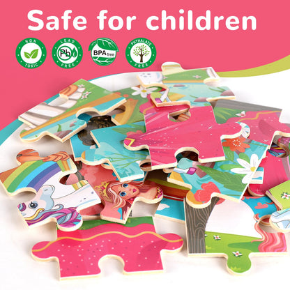 Wooden Educational Jigsaw Puzzles for Preschool Kids Ages 3-5, 4-Pack with 20 Pieces Unicorn Princess Wood Puzzles Set, Toddler Brain Teaser Toys, Preschool Gifts for Boys Girls Ages 3 4 5 6