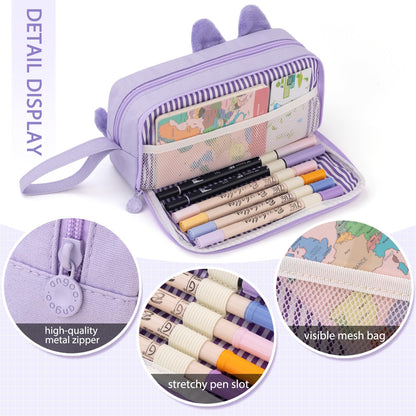 CICIMELON Cartoon Pencil Case, Large Capacity Pen Pouch with Embroidered Animal Design, School Supplies Bag for Kids, Teens, Students (Purple Koala)