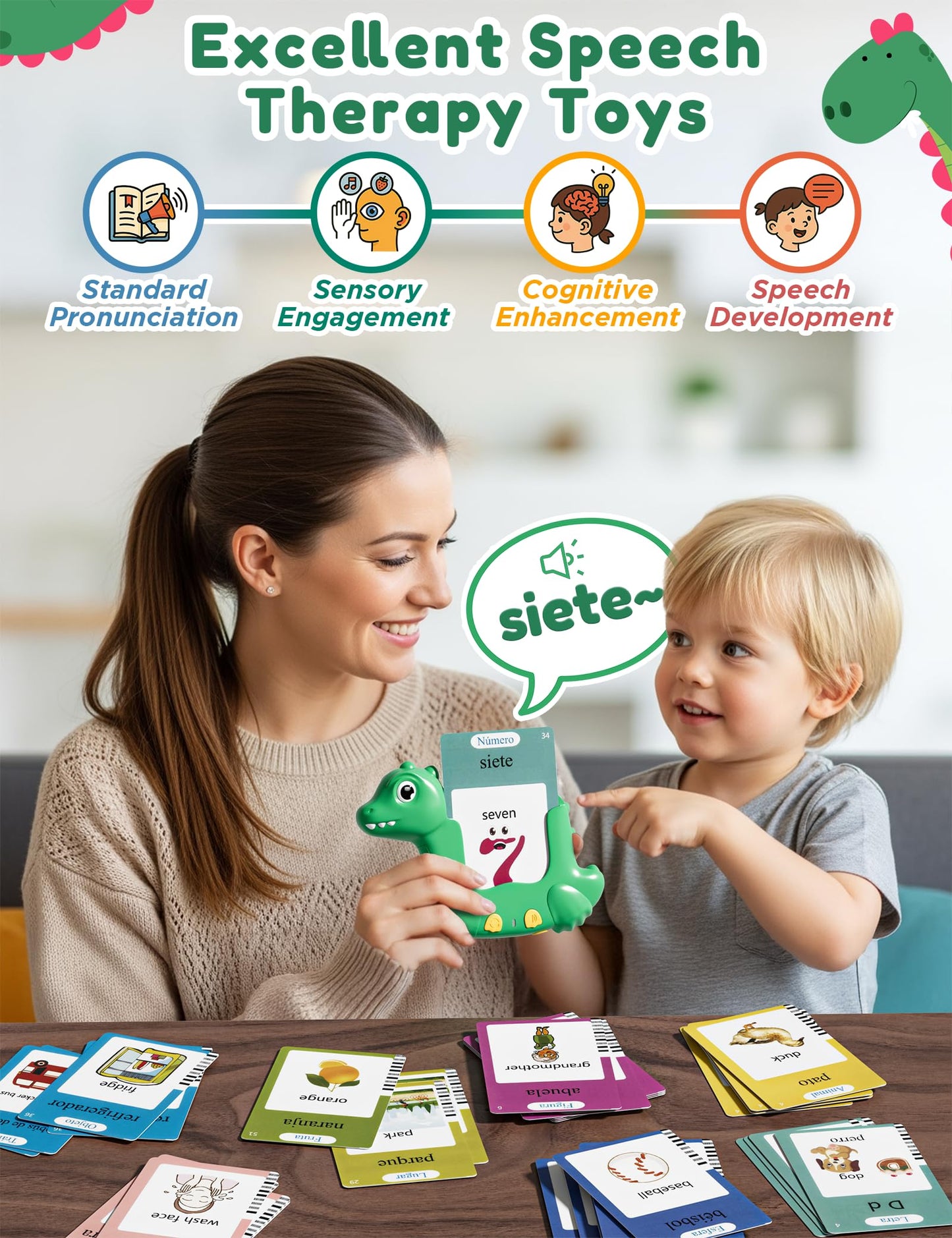 Spanish and English Talking Flash Cards for Toddlers with 510 Sight Words, Dinosaur Shaped Bilingual Buddy Pocket Speech Therapy Autism Toys, Educational Learning Toys Gift for Kid Boys Girls